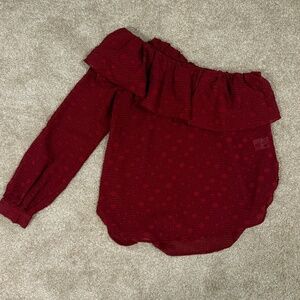 TCEC Burgundy Ruffled One Shoulder Long Sleeve Blouse, Small
